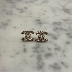 CHANEL Gold and Silver Crystal Logo Earrings